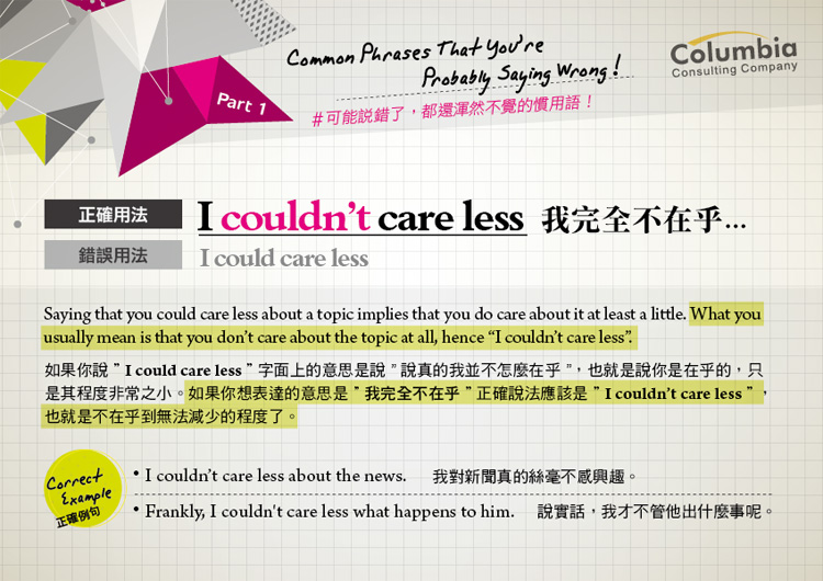 說錯還渾然不覺慣用語 I couldn’t care less…